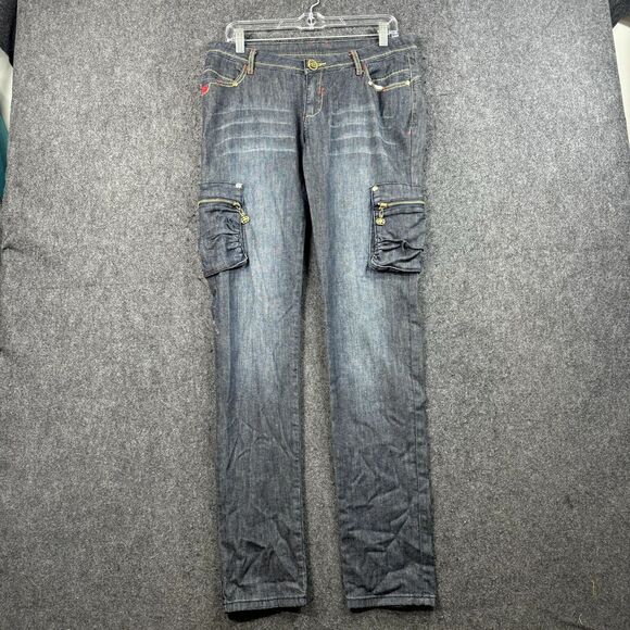 Echo Red Denim Jeans Women's 13/14 Blue Dark Wash Cargo Pockets Embroidered - Picture 1 of 11